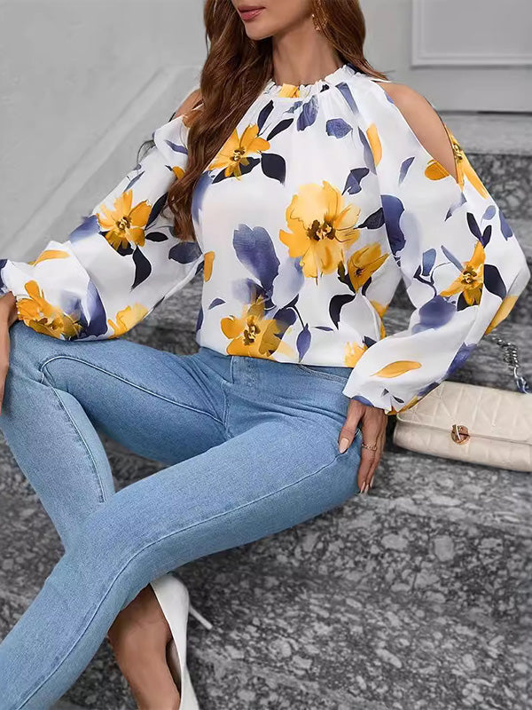 Elasticity Flower Print Pleated Long Sleeves Loose Cold Shoulder Blouses&Shirts Tops