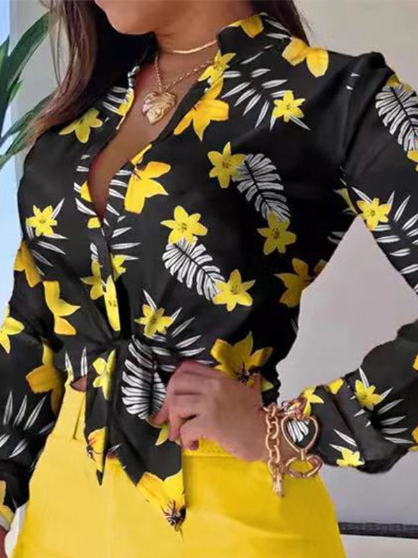 Flower Print Long Sleeves Buttoned  Deep V-Neck Shirts Top +Belted Shorts BottomTwo Pieces Set
