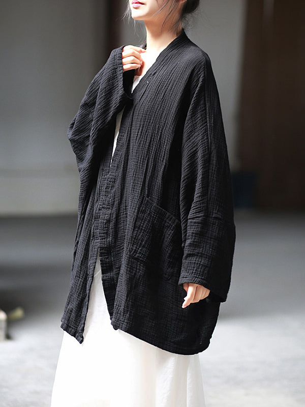 Pleated Solid Color Split-Joint Batwing Sleeves Loose Cover-Ups Tops