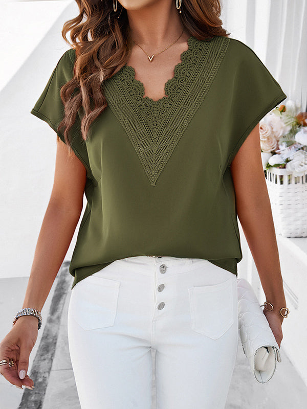 Embroidered Hollow Solid Color Split-Joint Loose Raglan Sleeve V-Neck T-Shirts Tops