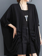 Drawstring Solid Color Half Sleeves Irregular Clipping V-Neck Outerwear