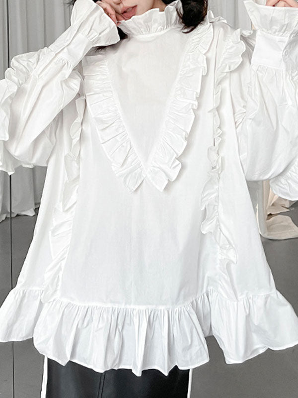 Buttoned Ruffled Solid Color Long Sleeves Loose Stand Collar Blouses&Shirts Tops