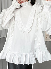 Buttoned Ruffled Solid Color Long Sleeves Loose Stand Collar Blouses&Shirts Tops
