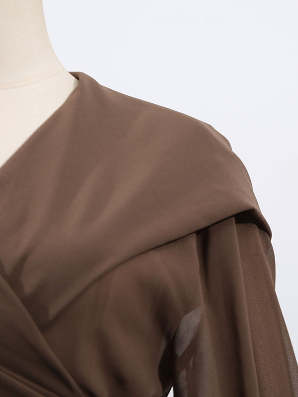 Pleated See-Through Solid Color Tied Waist Long Sleeves Loose Hooded Blouses&Shirts Tops