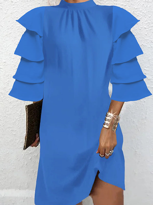 Layered Pleated Solid Color Flared Sleeves Half Sleeves Mock Neck Mini Dresses
