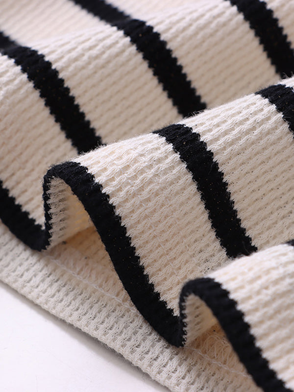 Contrast Color Striped Long Sleeves Skinny Round-Neck T-Shirts Tops