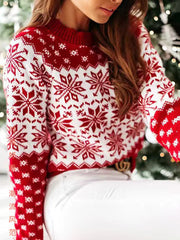 Contrast Color Knitted Flower Long Sleeves Round-Neck Sweater Tops Pullovers
