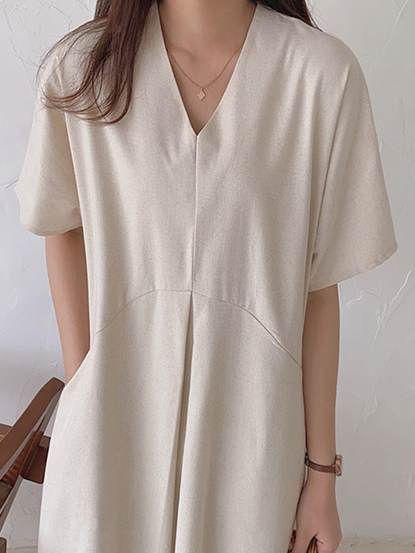 Loose Solid Color V-Neck Pleated With Pockets Midi Dresses