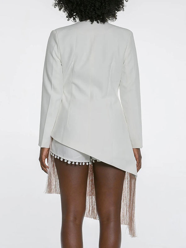 Asymmetric Embroidered Split-Joint Tasseled Tied Long Sleeves Loose V-Neck Outerwear Blazer