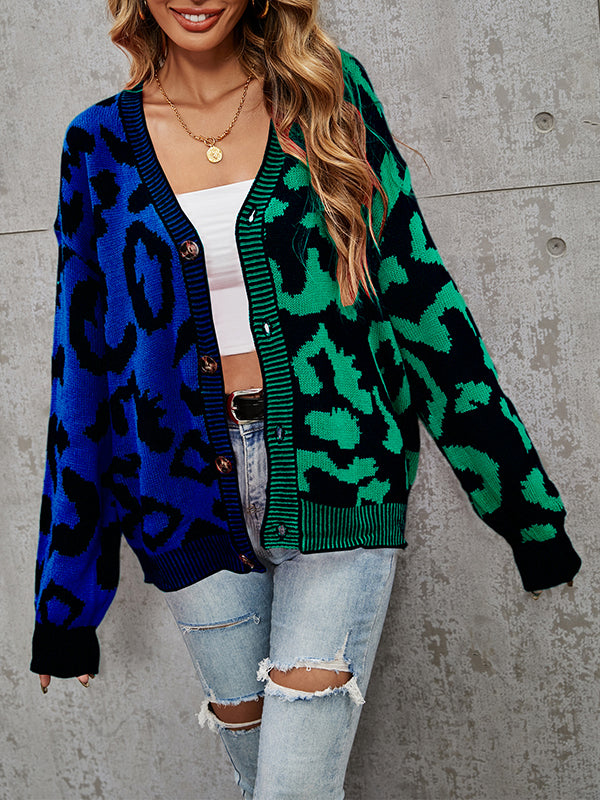 Buttoned Leopard Split-Joint Long Sleeves Loose V-Neck Cardigan Tops