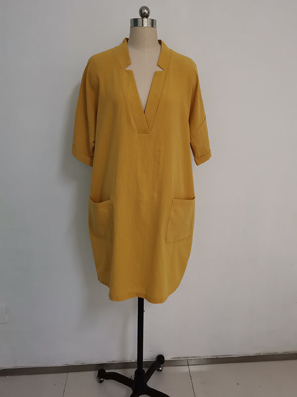 Pockets Solid Color Split-Joint A-Line High Waisted V-Neck Mini Dresses