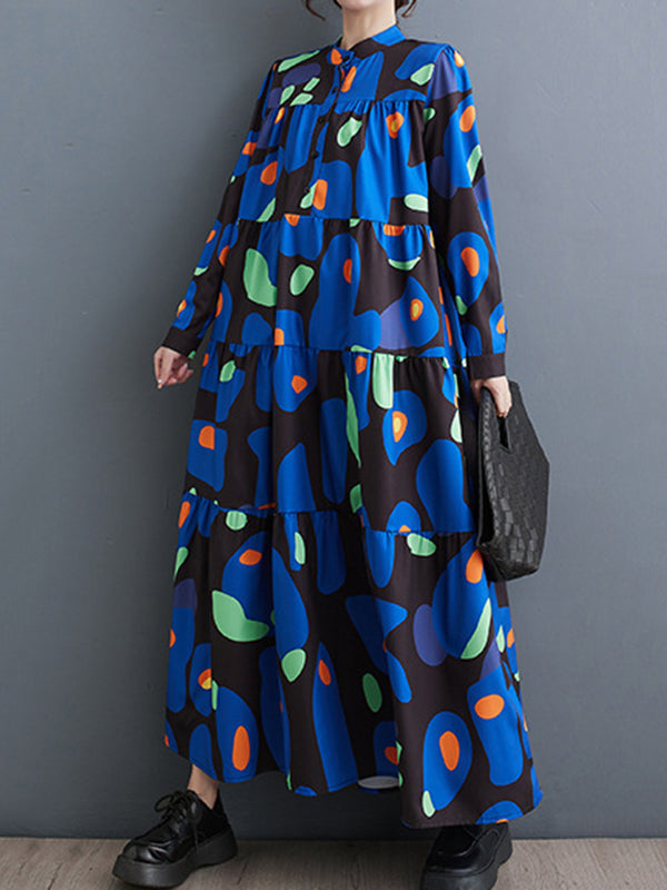 Pleated Printed Split-Joint Long Sleeves Loose Stand Collar Midi Dresses