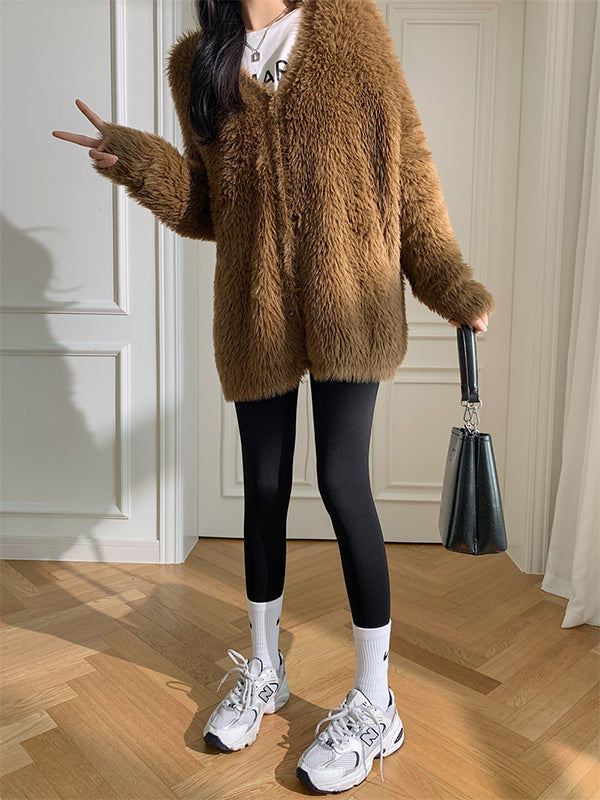 Casual Long Sleeves Loose Solid Color V-Neck Cardigan Tops