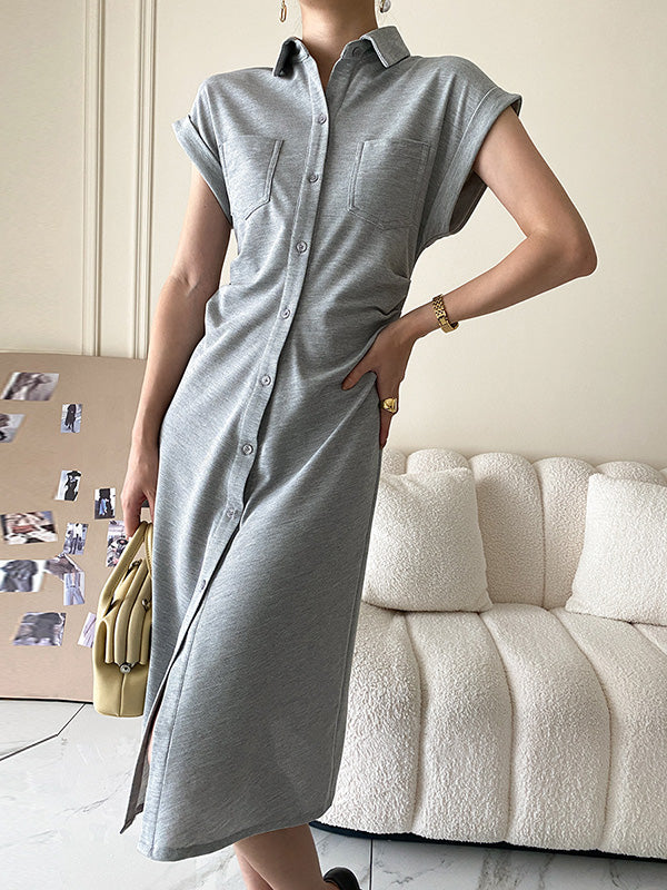 Buttoned Pleated Pockets Solid Color Split-Joint High Waisted Loose Lapel Midi Dresses