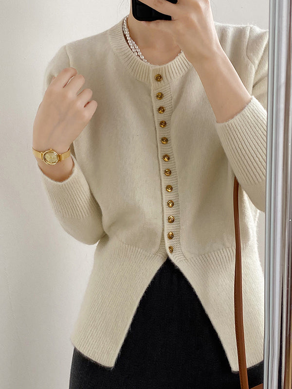 Elegant Long Sleeves Solid Color Round-Neck Cardigan Tops