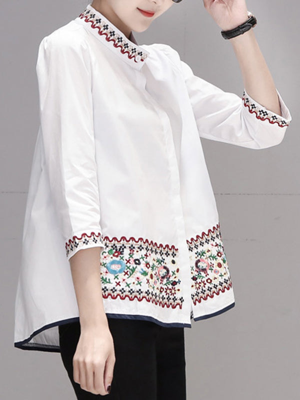 Buttoned Embroidered Loose Three-Quarter Sleeves Stand Collar Blouses&Shirts Tops