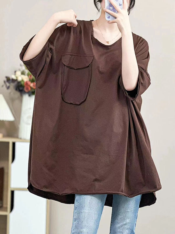 Pockets Solid Color Half Sleeves Irregular Clipping V-Neck T-Shirts Tops