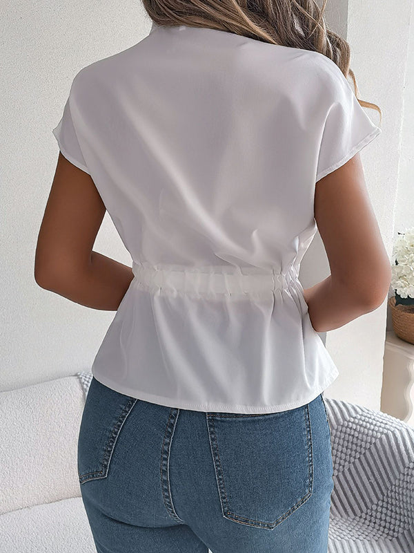 Buttoned Comfort Solid Color Tied Waist Short Sleeves Stand Collar Blouses&Shirts Tops