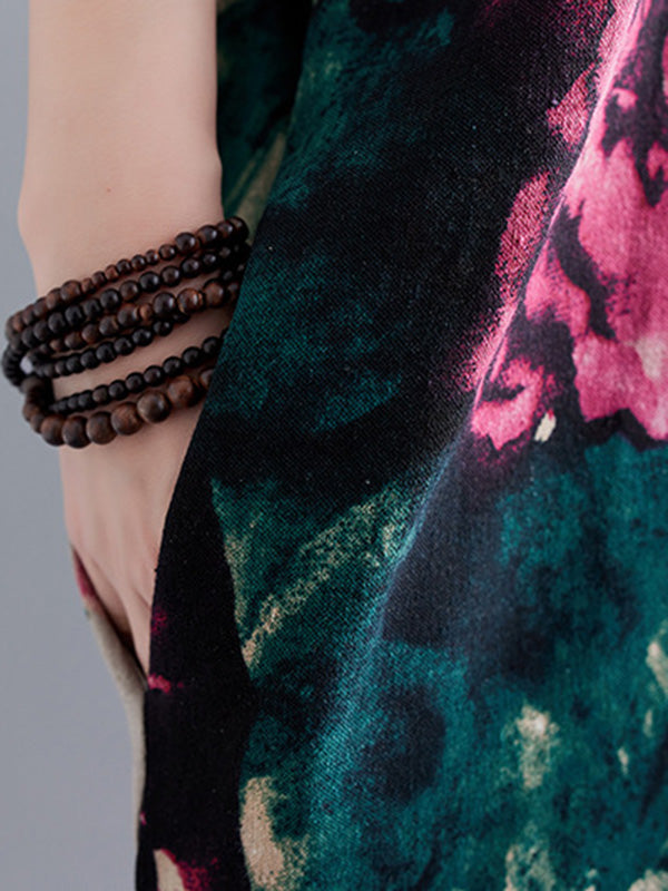 Artistic Retro Short Sleeves Loose Floral Printed Contrast Color V-Neck Maxi Dresses