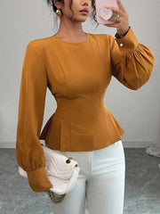 Asymmetric Pleated Ruffled Solid Color Elasticated Waist High Waisted Round-Neck Blouses&Shirts Tops