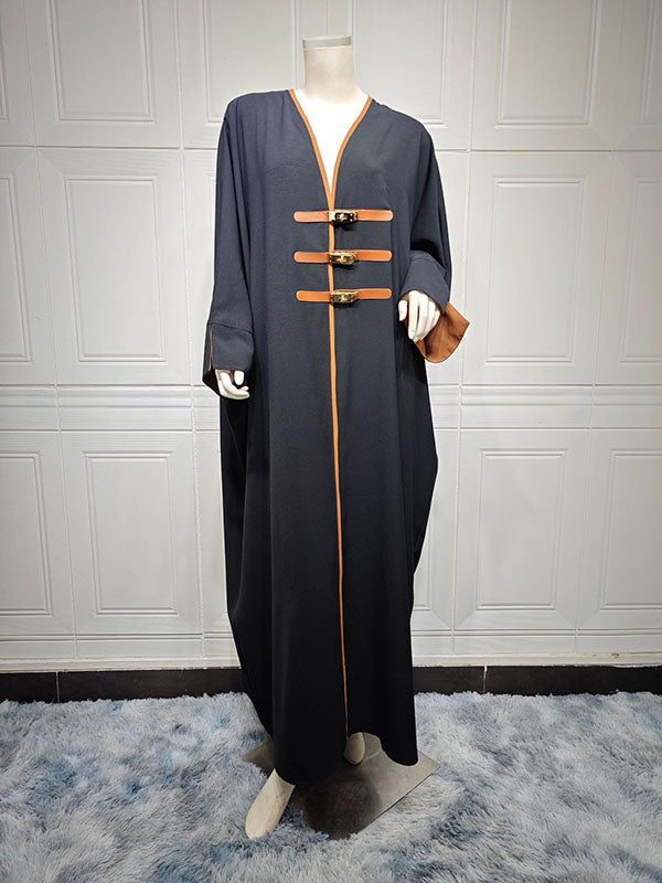 Contrast Color Muslim Split-Joint Loose V-neck Muslim Abaya Cover-Ups Tops