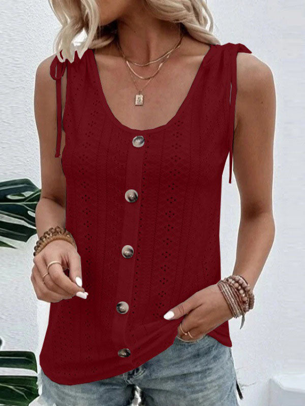 Buttoned Hollow Pleated Split-Joint Tied Loose Plus Size U-neck Vest Top