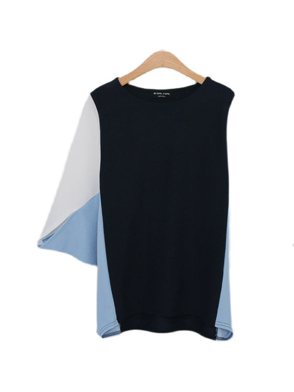 Contrast Color Batwing Sleeves Half Sleeves Round-neck Blouses&shirts Tops