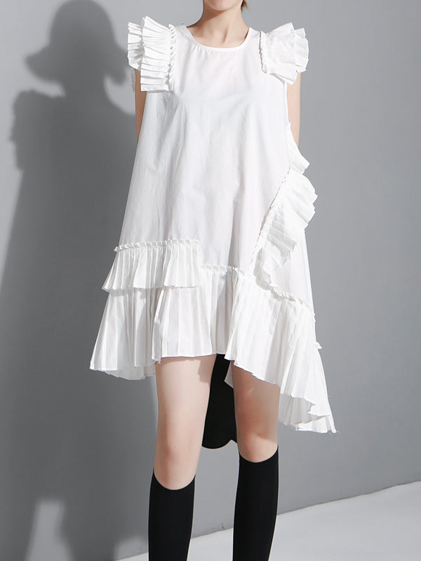 Asymmetric Pleated Solid Color Split-Joint Flying Sleeves Loose Round-Neck Midi Dresses