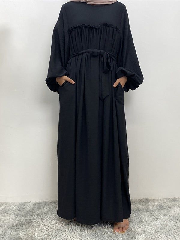 Elasticity Muslim Pleated Solid Color Split-Joint Tied Waist Bishop Sleeve Long Sleeves Round-Neck Maxi Dresses