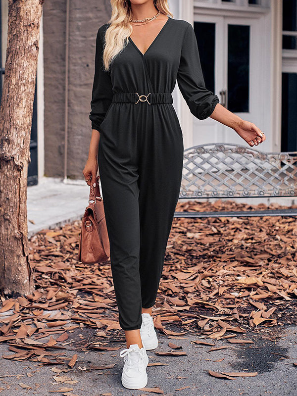 Belted Elasticity Long Sleeves V-neck Jumpsuits