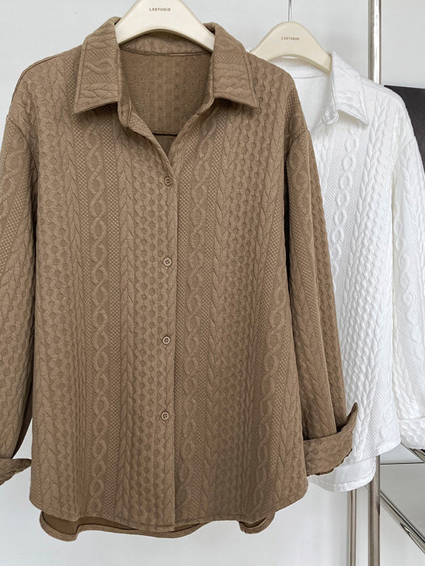 Simple Loose Long Sleeves Buttoned Solid Color Textured Lapel Collar Blouses&Shirts Tops