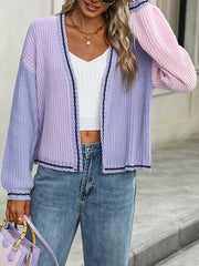 Contrast Color Split-Joint Long Sleeves Loose Collarless Cardigan Tops