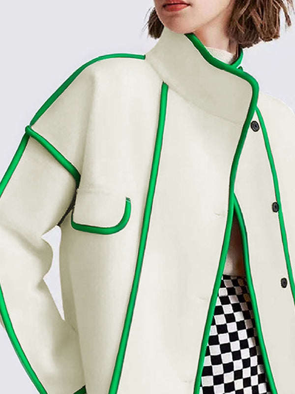Buttoned Contrast Color Pockets Split-Joint Long Sleeves Loose Stand Collar Woolen Coat