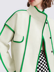 Buttoned Contrast Color Pockets Split-Joint Long Sleeves Loose Stand Collar Woolen Coat