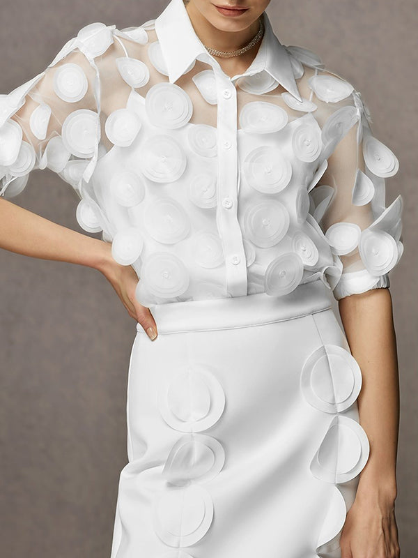 Gauze See-Through Split-Joint Loose Short Sleeves Lapel Blouses