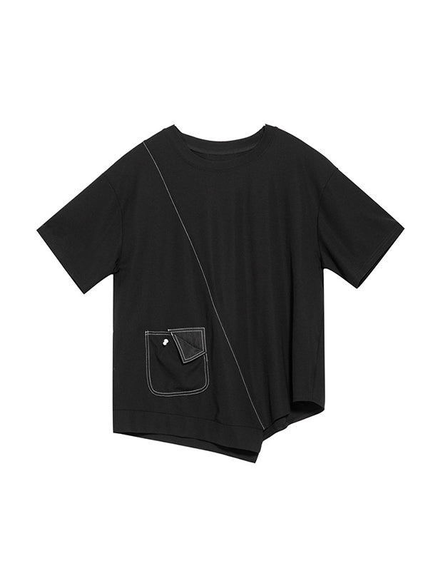 Asymmetric Solid Color Split-Joint Loose Short Sleeves Round-Neck T-Shirts Tops