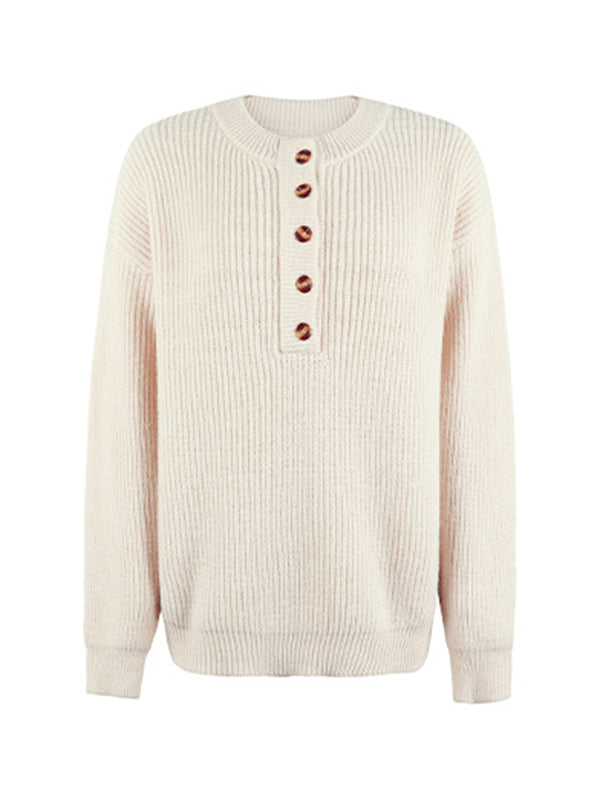 Casual Long Sleeves Solid Color Round-Neck Sweater Tops