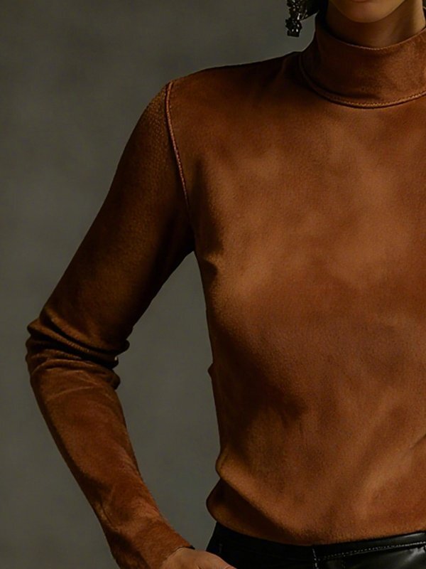 Solid Color Split-Joint Long Sleeves Mock Neck T-Shirts Tops