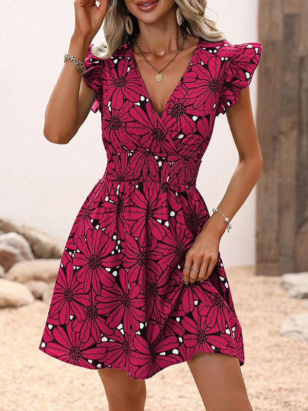 Elasticity Flower Print A-Line Loose V-Neck Mini Dresses