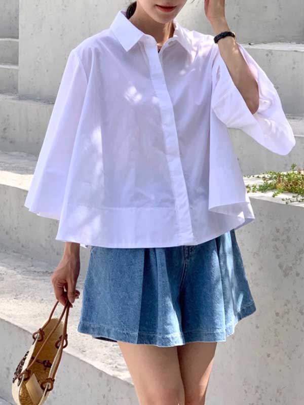 Buttoned Pleated Solid Color A-Line Flared Sleeves Lapel Blouses&Shirts Tops