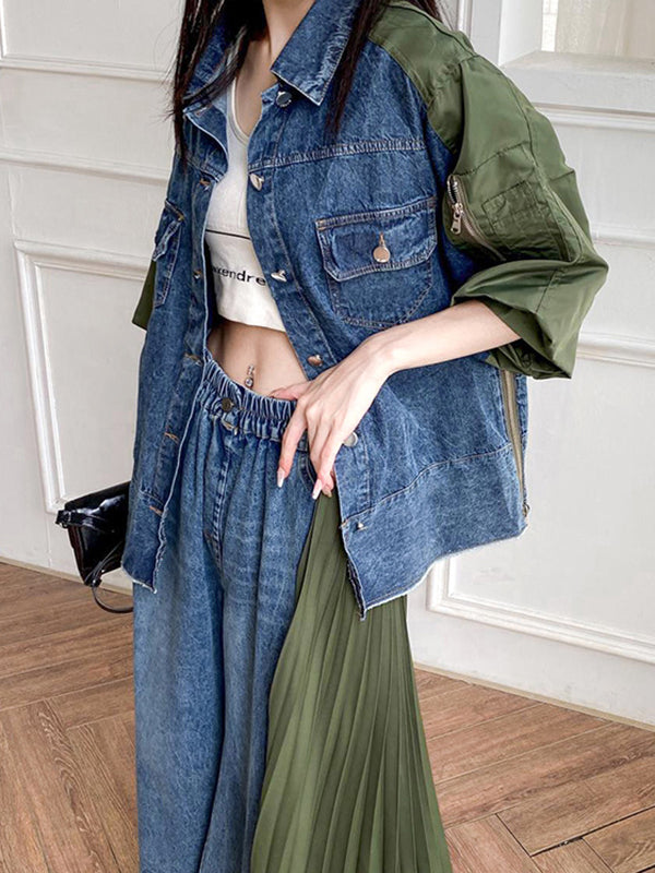 Contrast Color Pleated Split-Joint Loose Ninth Pants Jean Pants Bottoms