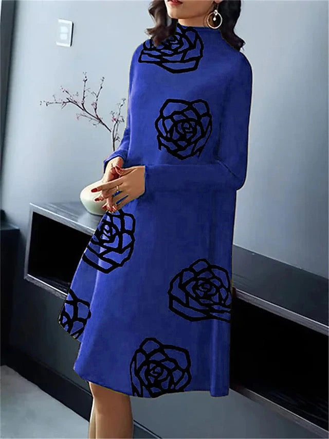 Flower Print A-line Long Sleeves Mock Neck Midi Dresses