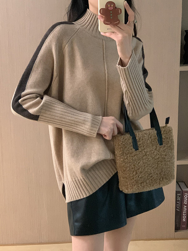 Contrast Color Split-Joint Split-Side High-Low Long Sleeves High Neck Sweater Tops Pullovers