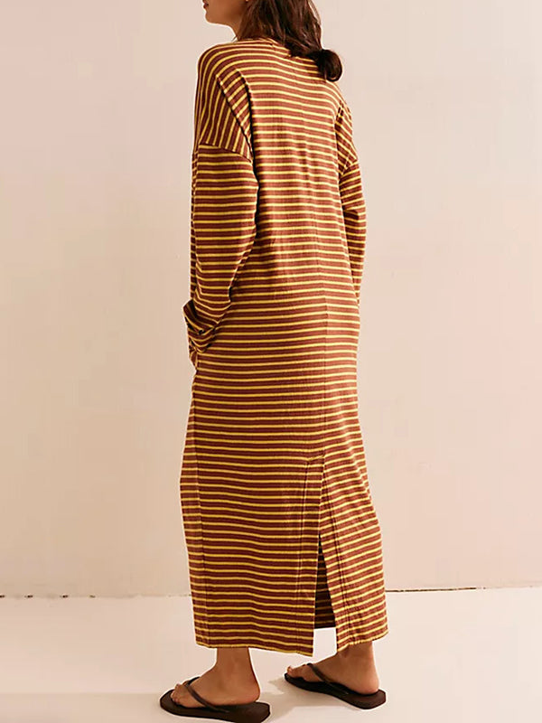 Contrast Color No Belt Split-Joint Striped Long Sleeves Loose Round-Neck Maxi Dresses