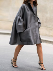 Pockets Solid Color Flared Sleeves Long Sleeves Notched Collar Shirt Dress Mini Dresses