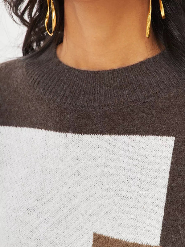 Contrast Color Leopard Split-Joint Long Sleeves Loose Round-Neck Sweater Tops Pullovers