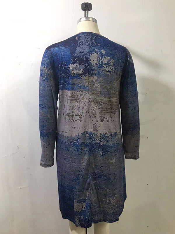 Casual Long Sleeves Contrast Color Printed Round-Neck Mini Dresses