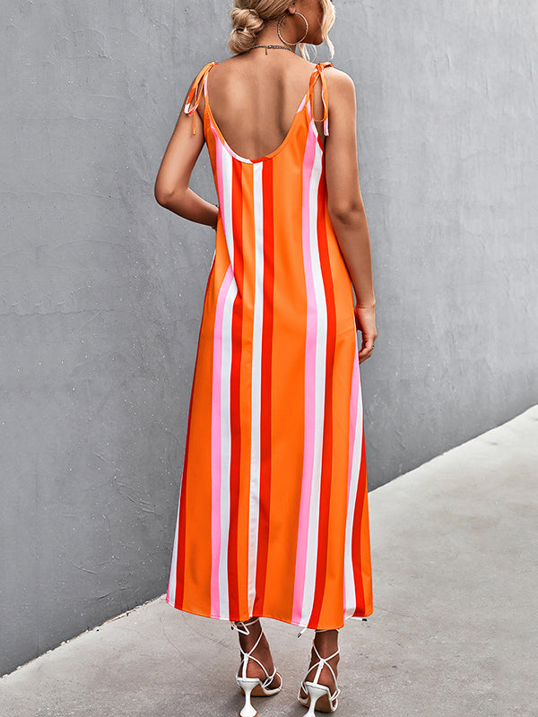 Contrast Color Striped Tied Loose Sleeveless U-Neck Slip Dress Midi Dresses