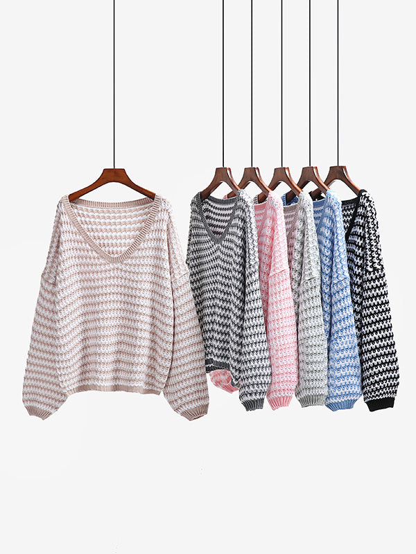 Original Loose Striped 8 Colors V-Neck Long Sleeves Sweater Top