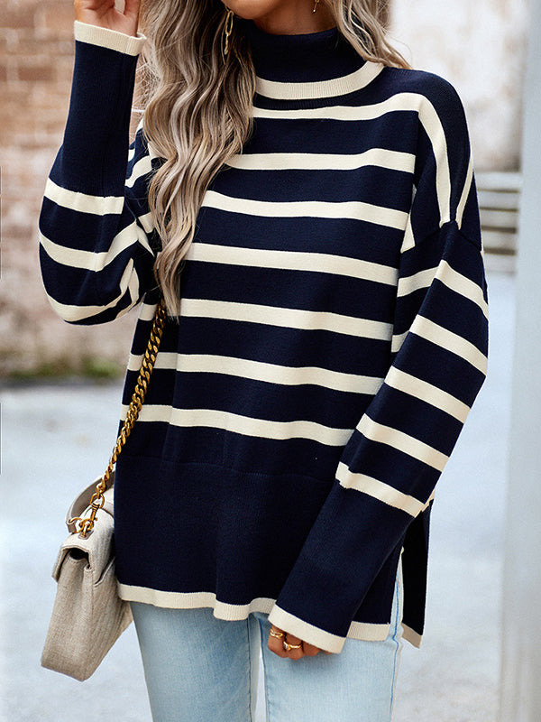 Contrast Color Split-Side Striped Long Sleeves Loose High Neck Sweater Tops Pullovers